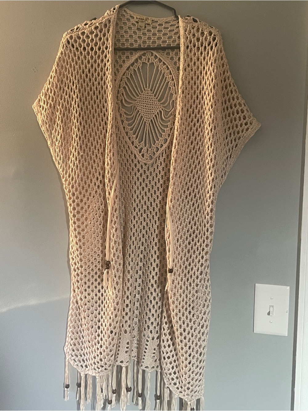ONE WORLD Cream Open-Knit Crochet Kimono with Fringe Detail